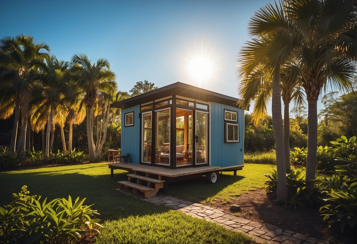 A tiny house sits against a backdrop of Florida's lush greenery, with a clear blue sky overhead. The sun shines down, casting a warm glow on the small, inviting structure