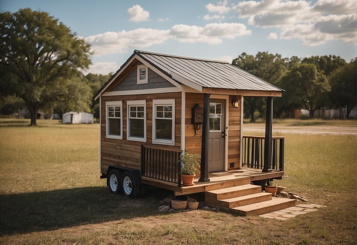 A tiny house sits on a spacious plot of land in Texas. Surrounding it are signs displaying legal and zoning regulations for tiny houses