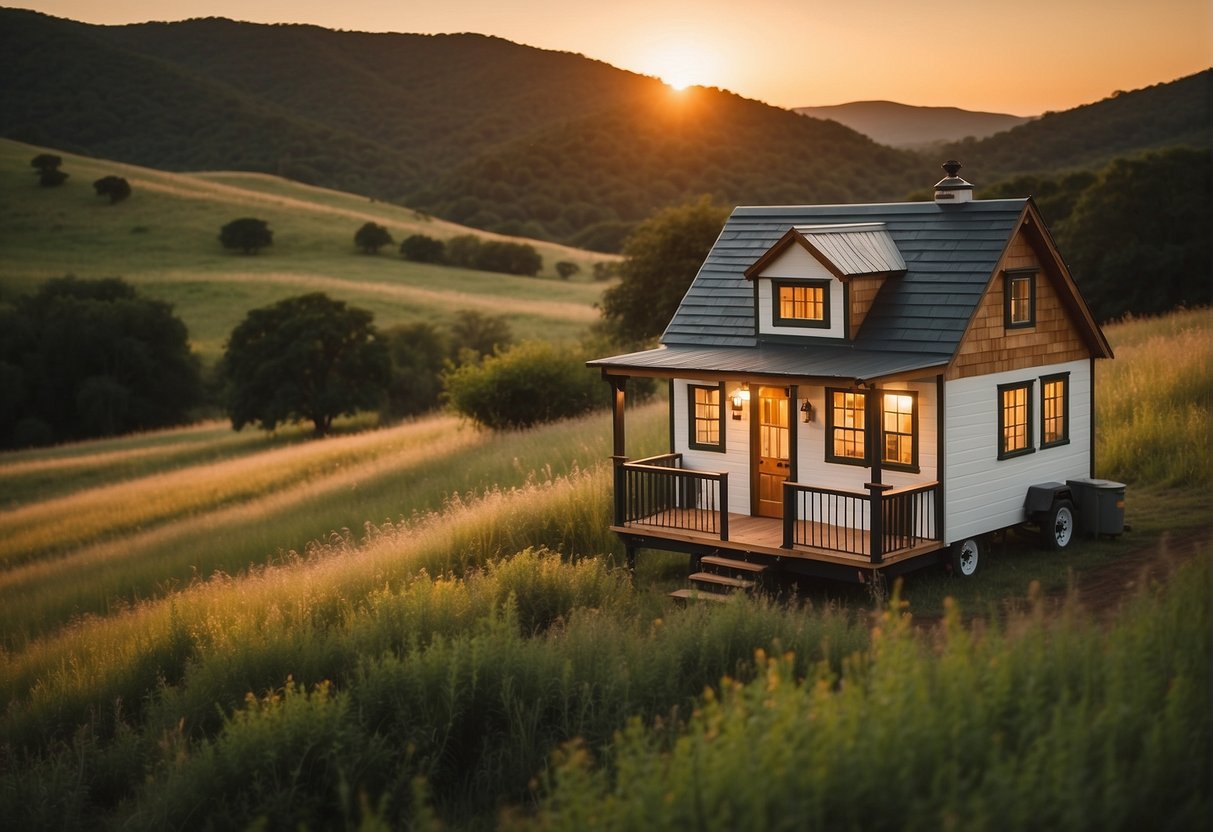A tiny house sits on a spacious Texas property, surrounded by rolling hills and lush greenery. The sun sets in the distance, casting a warm glow over the quaint dwelling