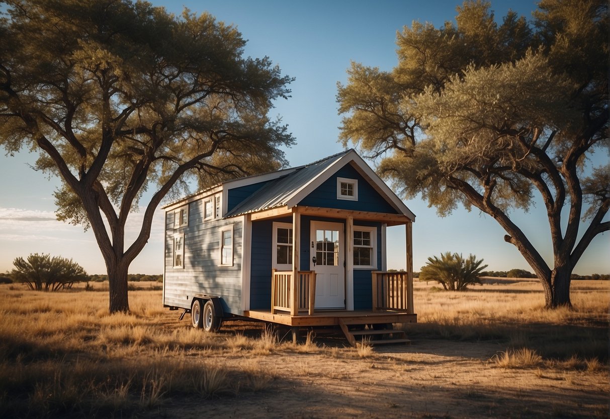 A tiny house surrounded by the Texas landscape, with a clear blue sky and a warm, welcoming atmosphere