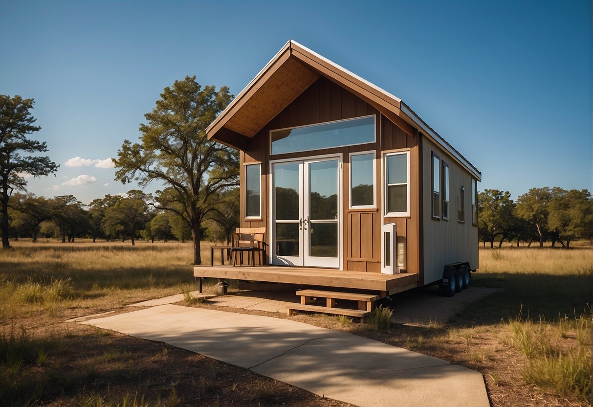 A tiny home sits on a spacious plot of land in Texas, with clear blue skies overhead. The home is surrounded by trees and nature, giving off a sense of peace and tranquility