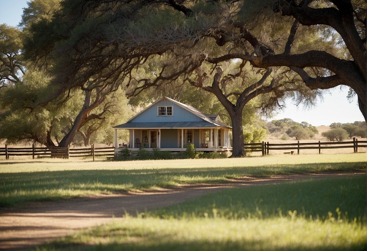 A serene Texas landscape with a small, charming home nestled on a spacious plot of land, surrounded by rolling hills and a clear blue sky