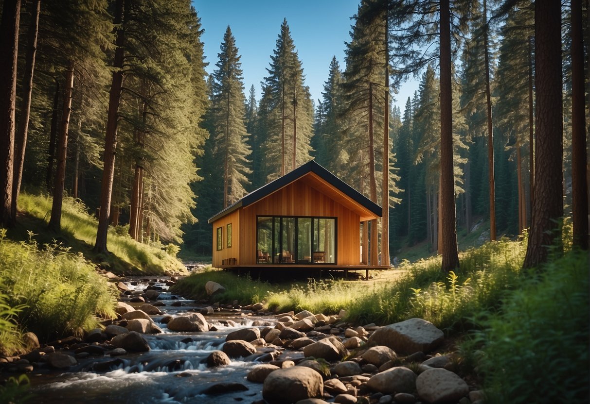 A tiny home nestled in a serene forest clearing, surrounded by tall trees and a bubbling stream, with a backdrop of rolling hills and a clear blue sky