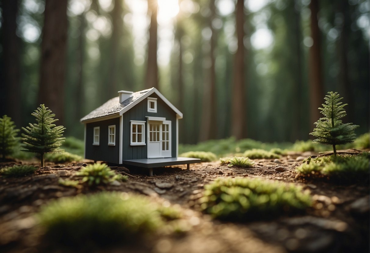 A tiny home sits on a piece of land, surrounded by trees and nature. A legal document or zoning regulations are visible nearby, indicating the importance of ownership and legal considerations in choosing the location