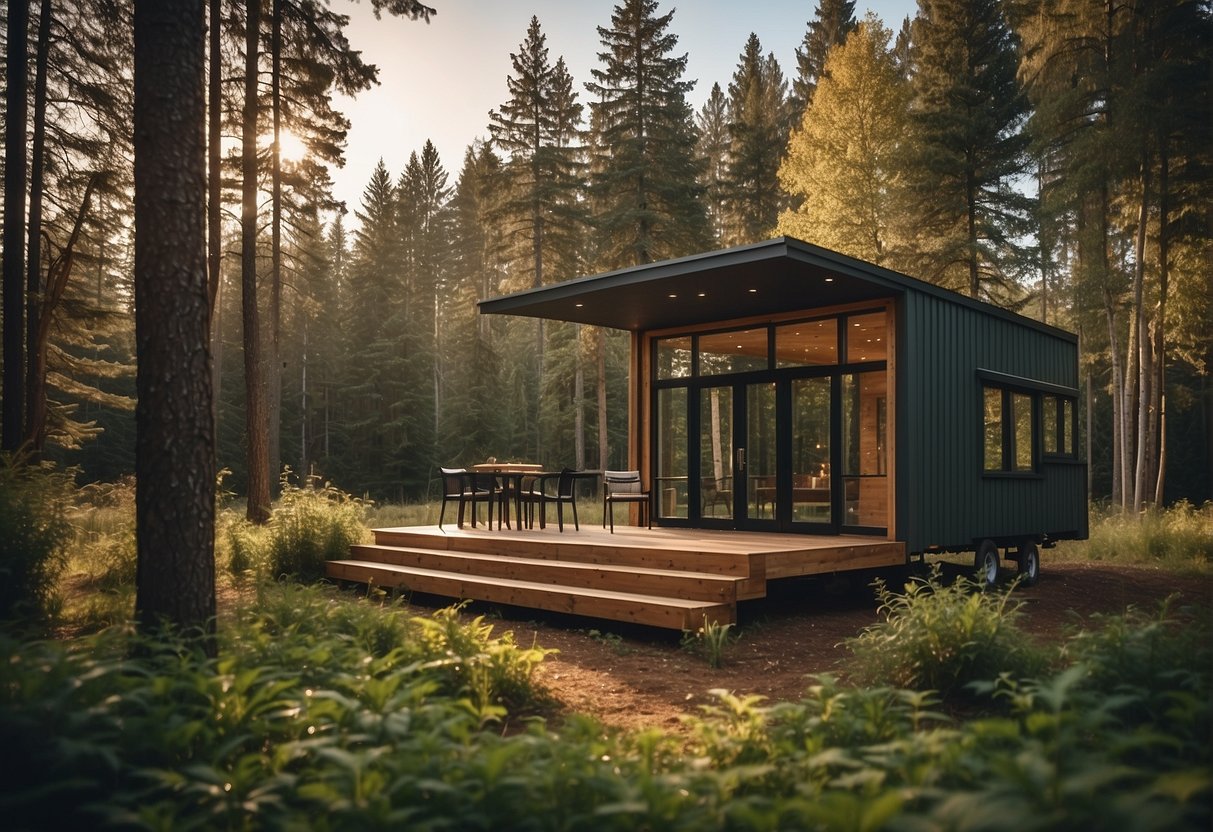 A tiny home nestled in a serene natural setting, surrounded by trees and wildlife, with a clear view of the sky