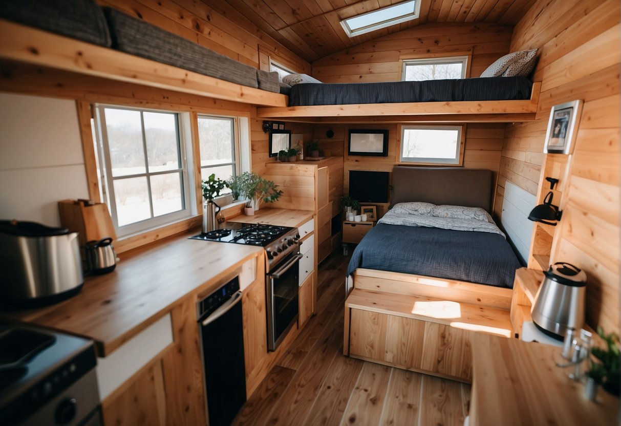 A cozy tiny home with a loft bed, compact kitchen, and fold-out table. Minimalist decor and efficient use of space