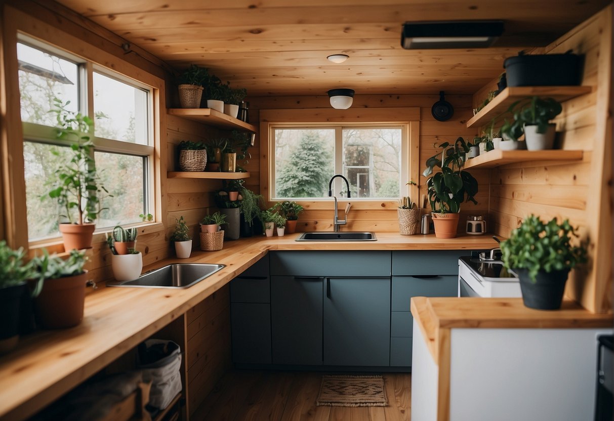 A cozy tiny home with efficient space usage, a loft bed, compact kitchen, and multipurpose furniture. Outdoor space for gardening and relaxation