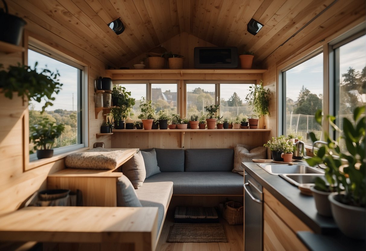 A tiny house with compact furniture, efficient storage, and a cozy loft bed. Solar panels on the roof and a small garden outside