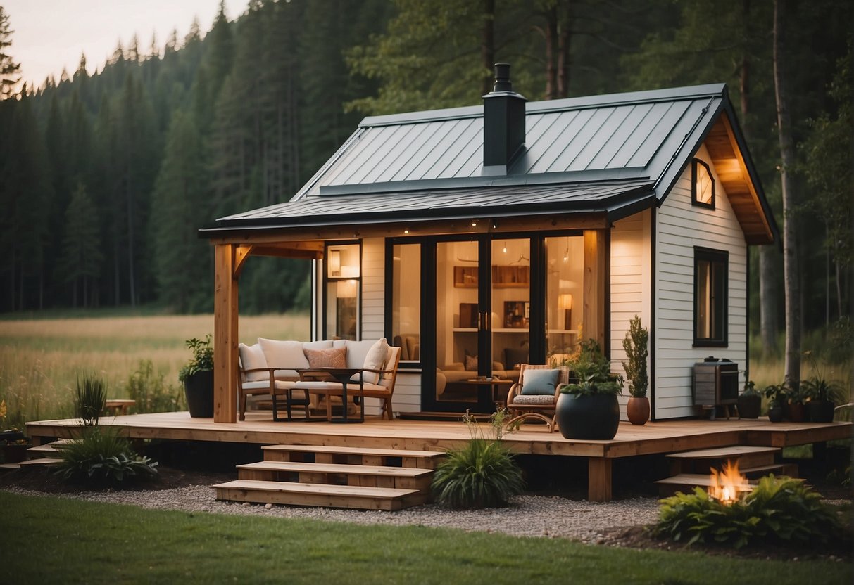 A tiny home sits nestled in a serene natural setting, with a cozy interior and efficient use of space. The exterior features a charming design with a front porch and large windows