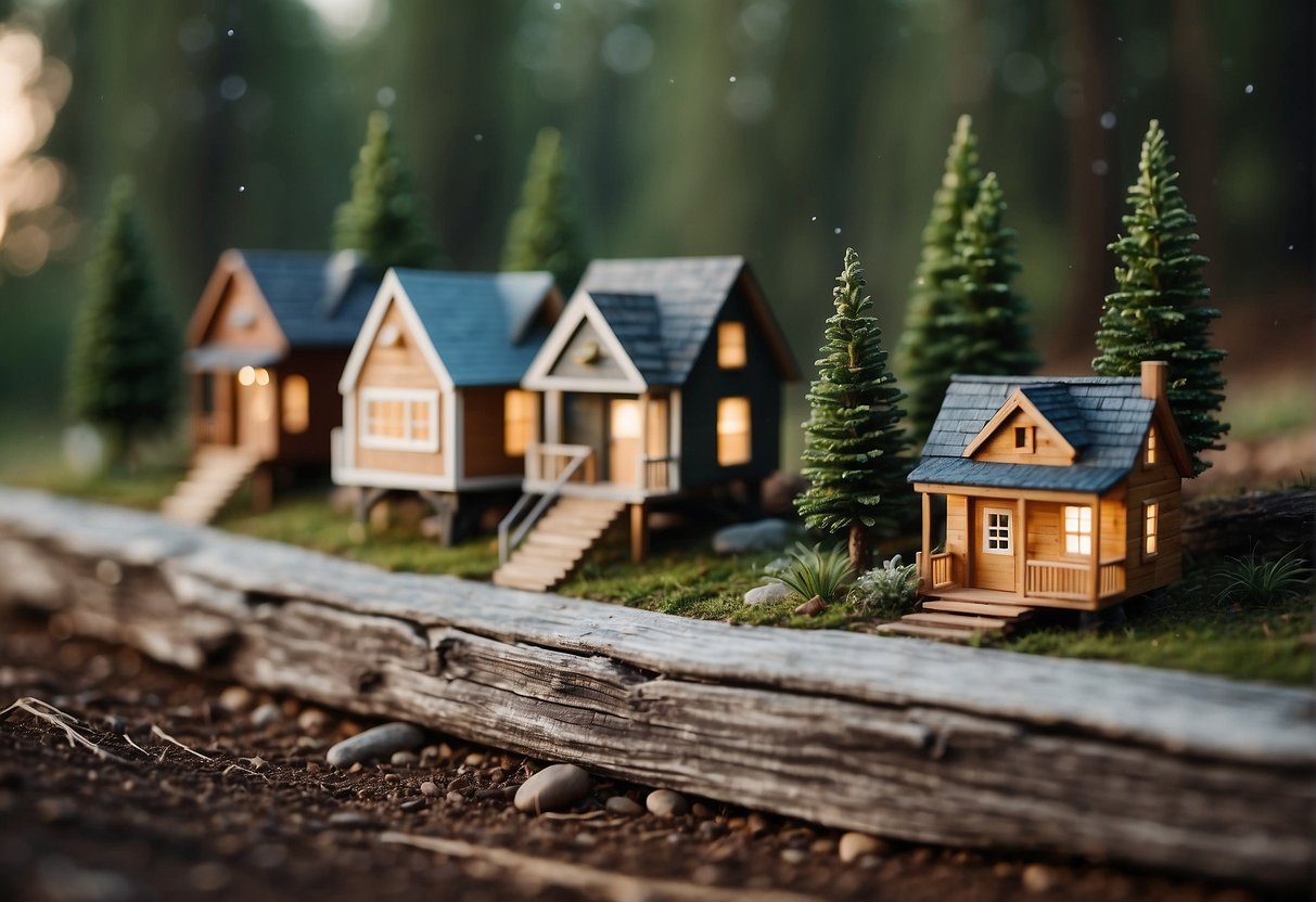 Tiny homes dot the landscape in legal zones across the US, nestled among towering trees and rolling hills, with a mix of quaint and modern designs