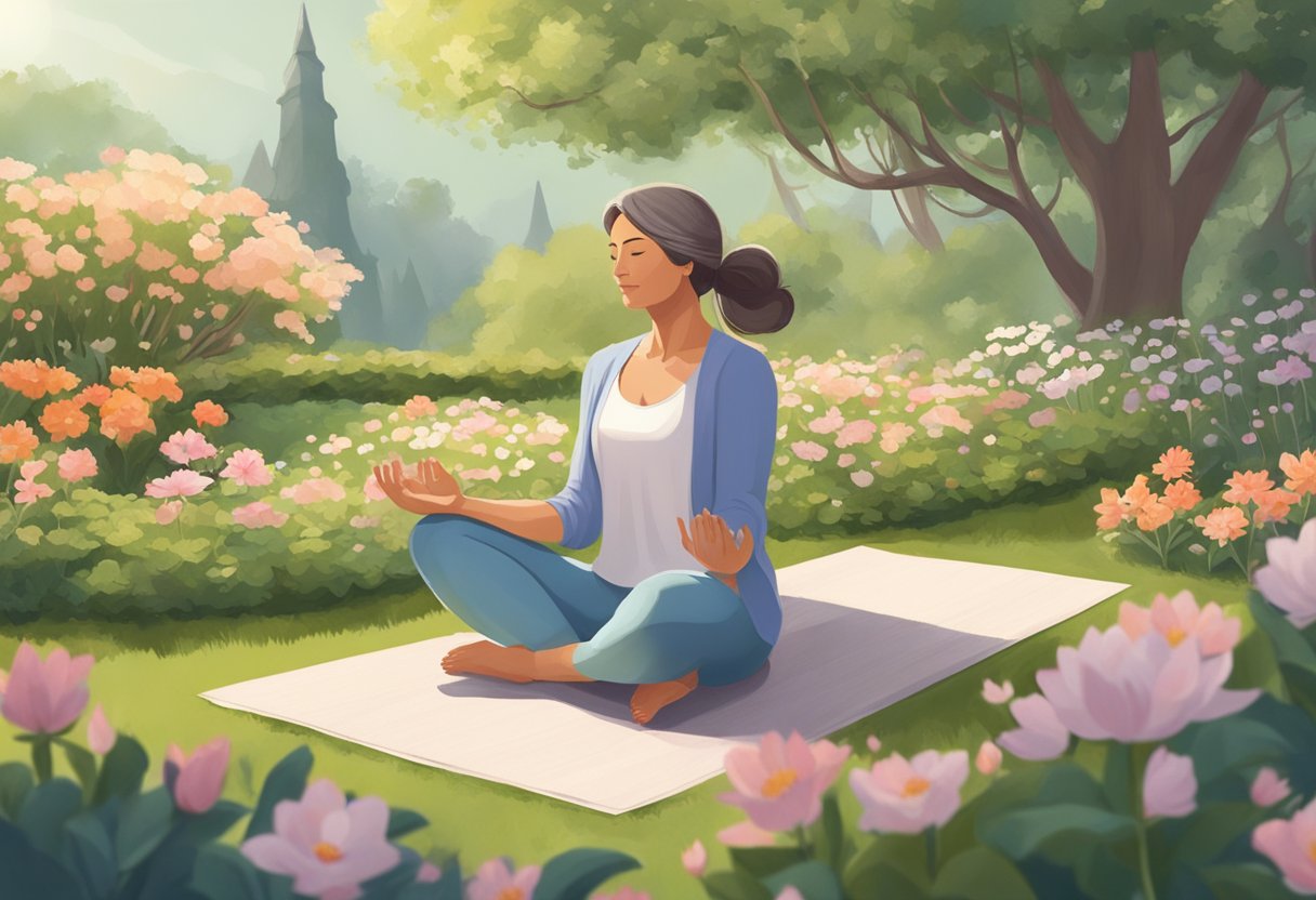 A serene woman practices yoga in a peaceful garden, surrounded by blooming flowers and a gentle breeze, to naturally care for menopause