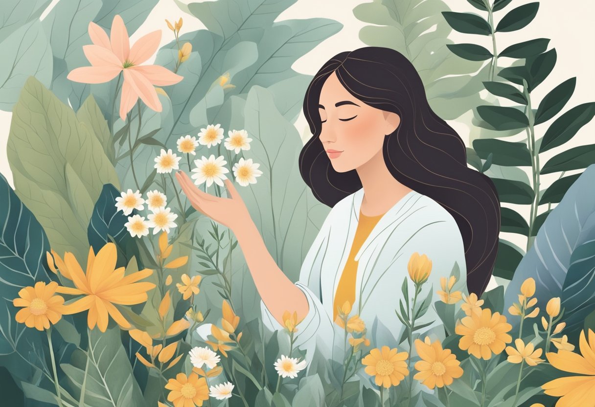 A serene woman surrounded by calming natural elements, such as flowers and herbal remedies, with a sense of peace and self-care