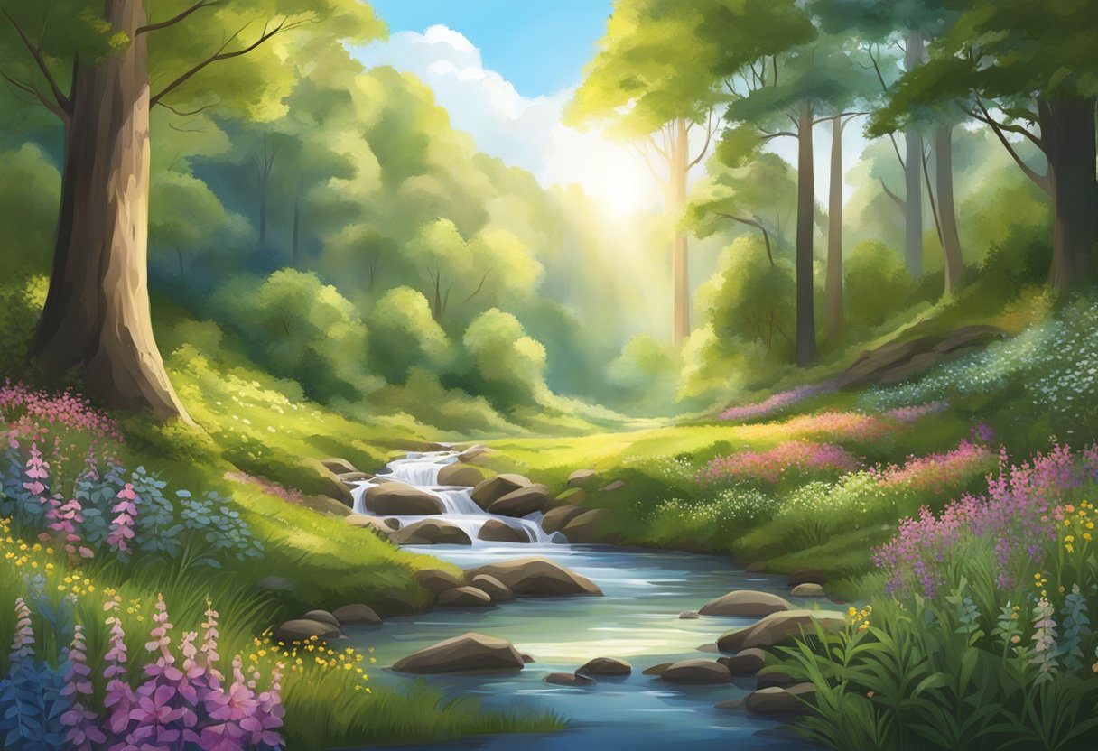 A serene forest clearing with sunlight filtering through the canopy, surrounded by vibrant wildflowers and a gentle stream flowing nearby