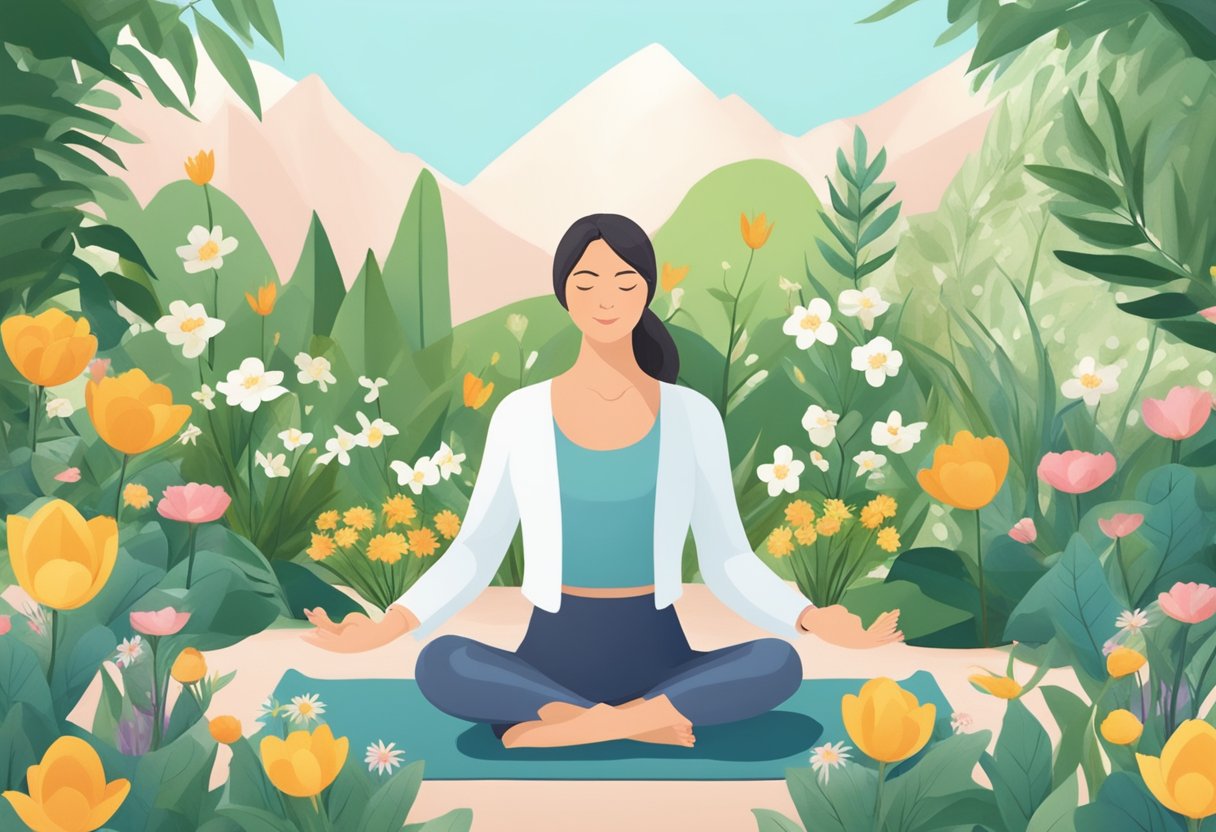 A serene woman practices yoga in a lush garden, surrounded by blooming flowers and calming natural elements, to manage menopausal symptoms