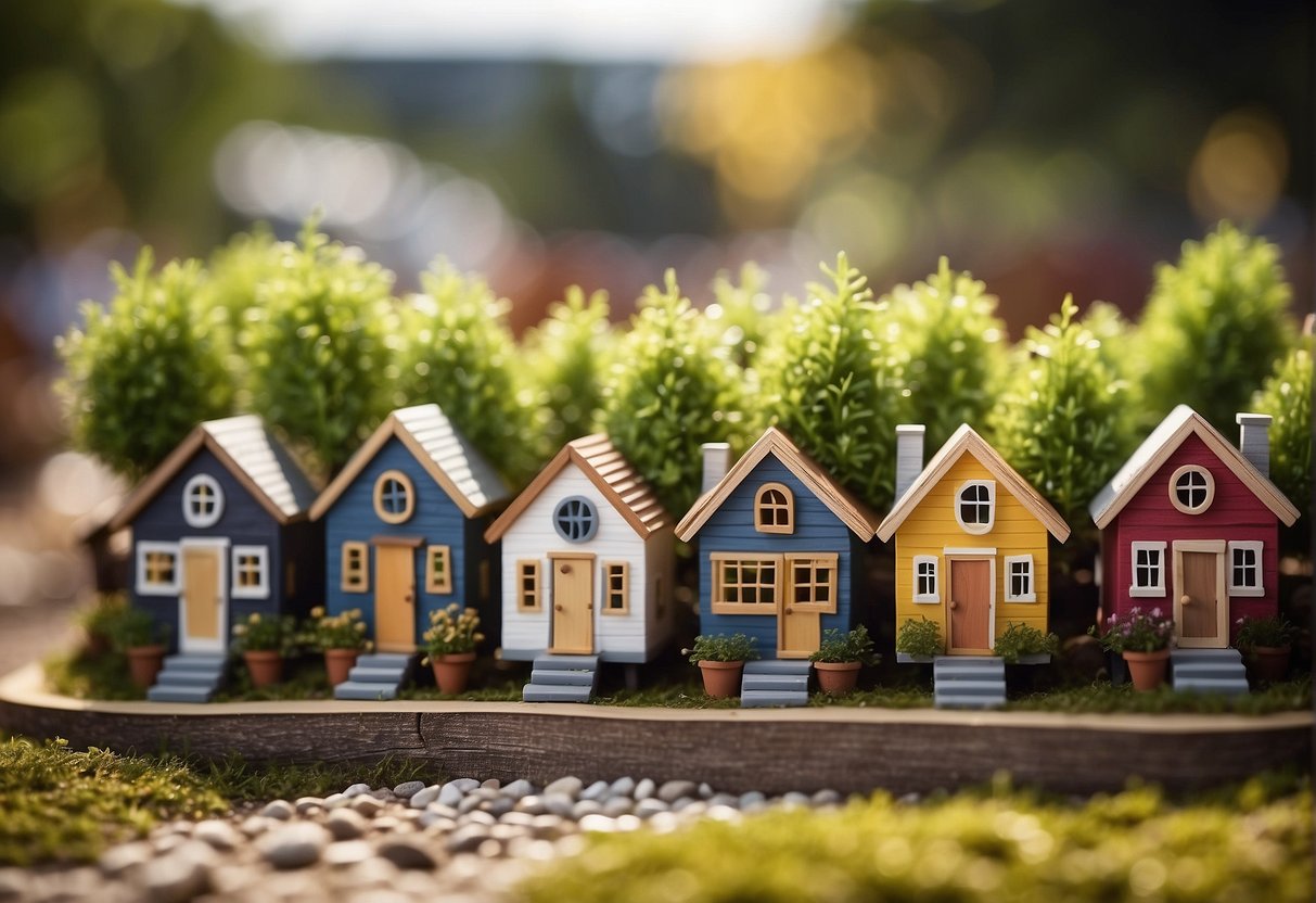 A row of tiny homes nestled in a vibrant community, surrounded by greenery and walkable amenities. A sign displaying "Tiny Home Zone" stands proudly at the entrance