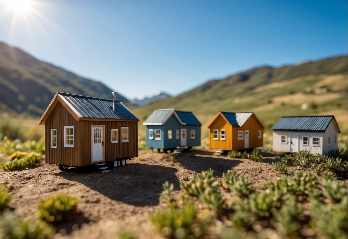 Tiny homes dot a picturesque landscape, with rolling hills and clear blue skies. A signpost lists legal locations in the US