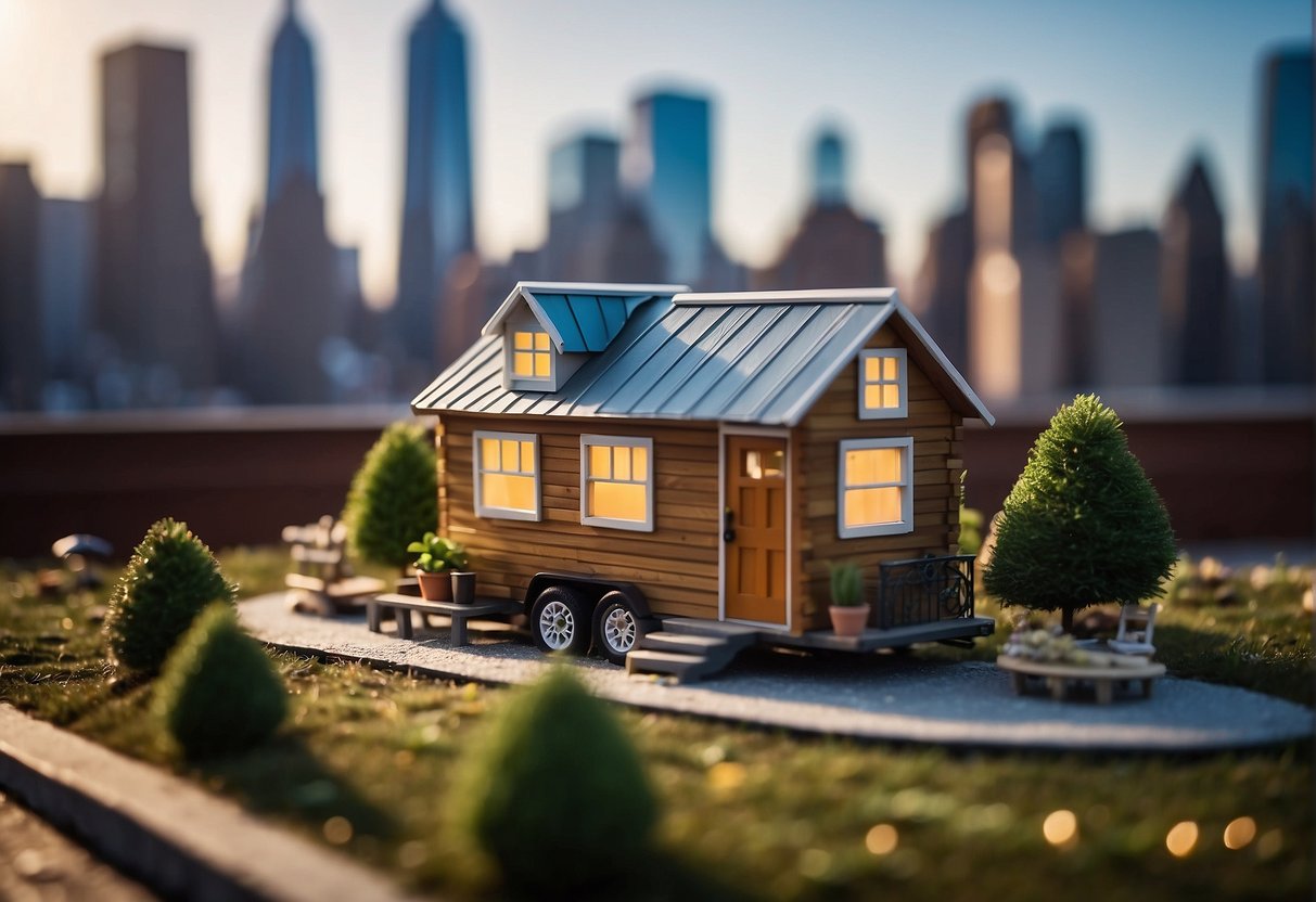 Tiny house surrounded by New York skyline, with a "Welcome to New York" sign in the background