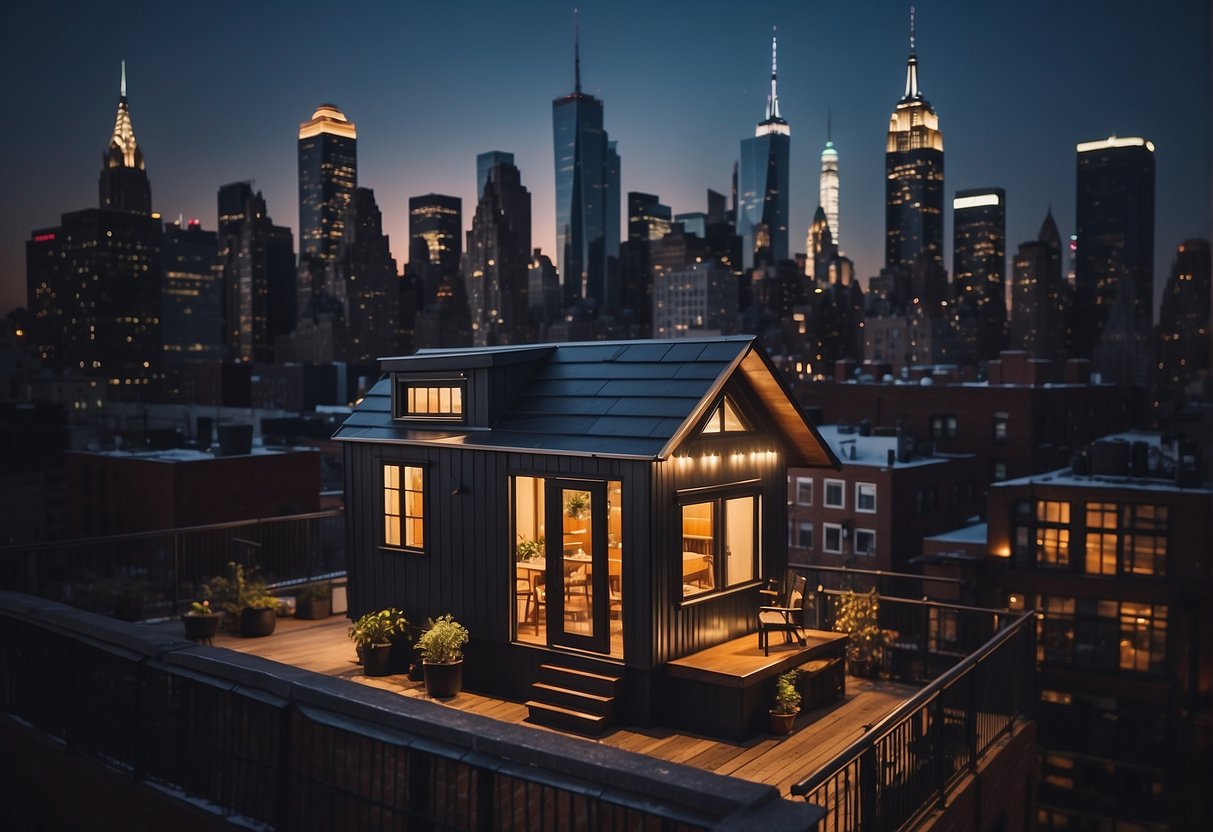 A tiny house nestled in a bustling New York neighborhood, surrounded by skyscrapers and city lights