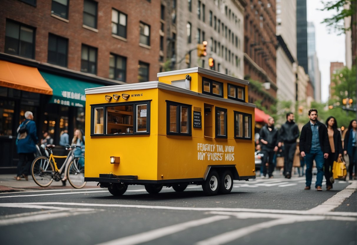 A bustling New York City street with a tiny house surrounded by curious onlookers and a sign reading "Frequently Asked Questions: Does New York allow tiny houses?"
