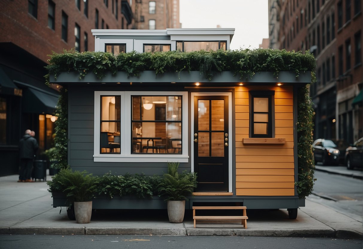 A tiny home nestled in a bustling New York neighborhood, with efficient use of space and minimalist design