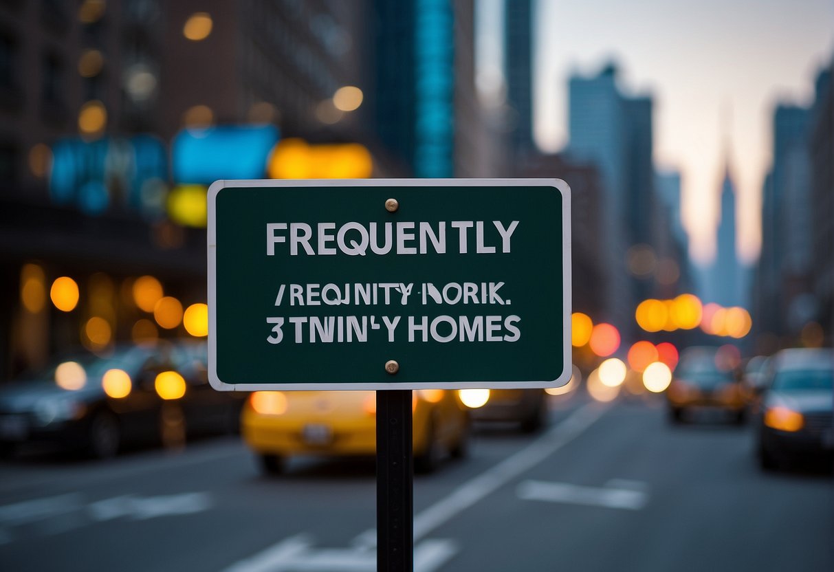 A sign reading "Frequently Asked Questions: Does New York allow tiny homes?" with a city skyline in the background