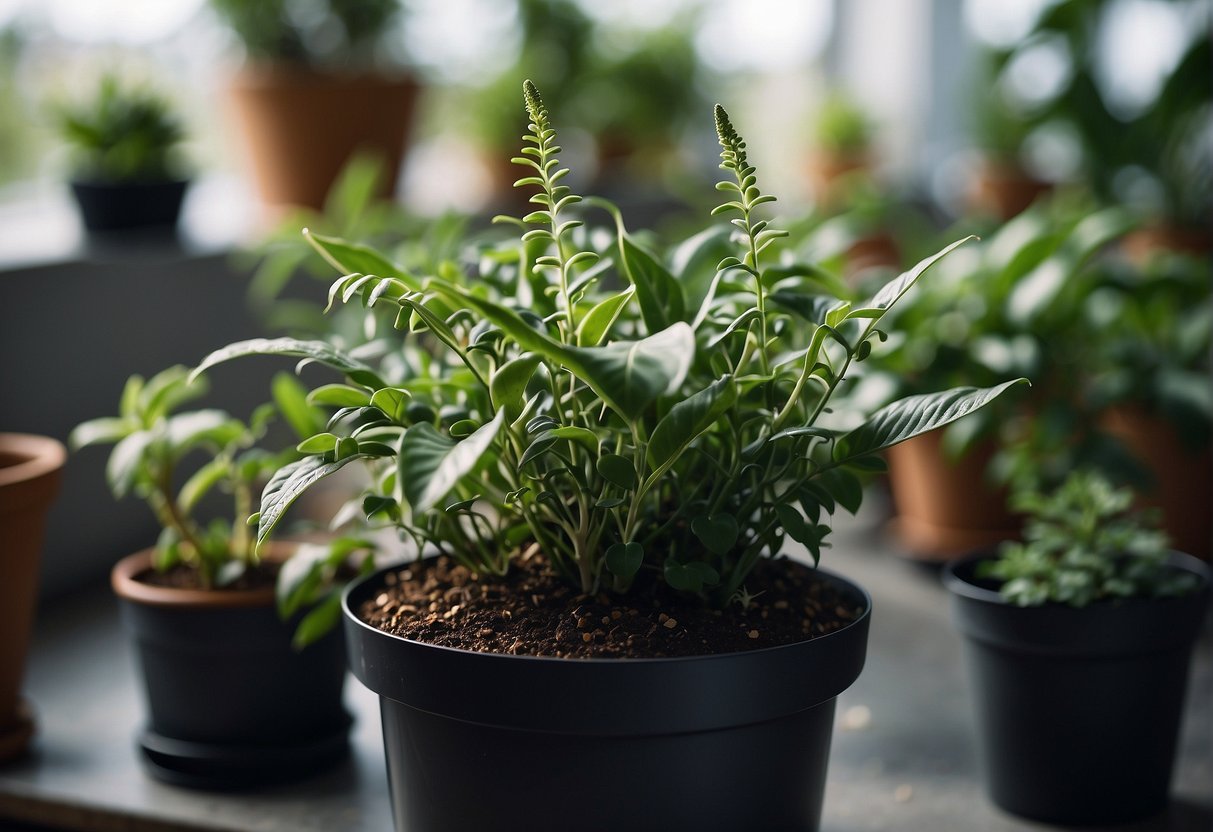 A thriller plant stands tall in the center, surrounded by filler plants filling the space, and spiller plants cascading over the edges of the container
