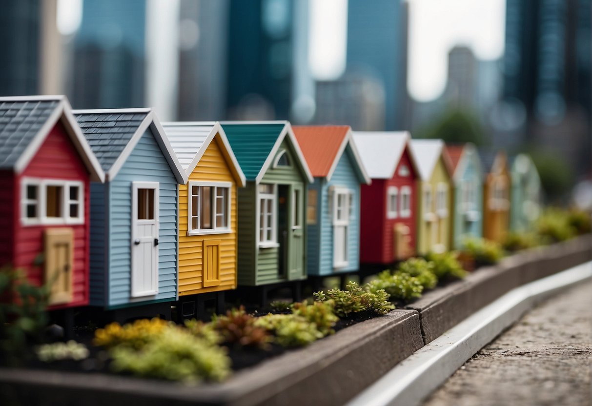 A row of tiny homes lined up in a bustling cityscape, with skyscrapers towering in the background