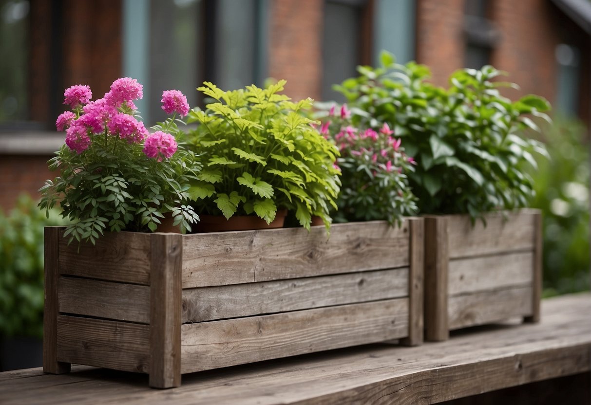 A trio of potted plants cascade over the edges of a weathered wooden planter, creating a lush and vibrant display of foliage and flowers