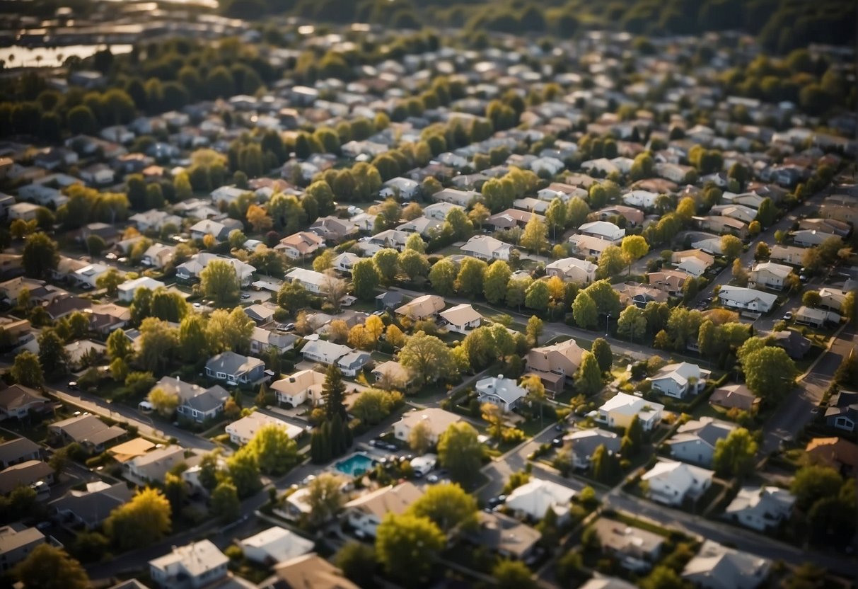 Aerial view of urban areas with clusters of tiny homes. Data charts show cities with the highest concentration of tiny home communities