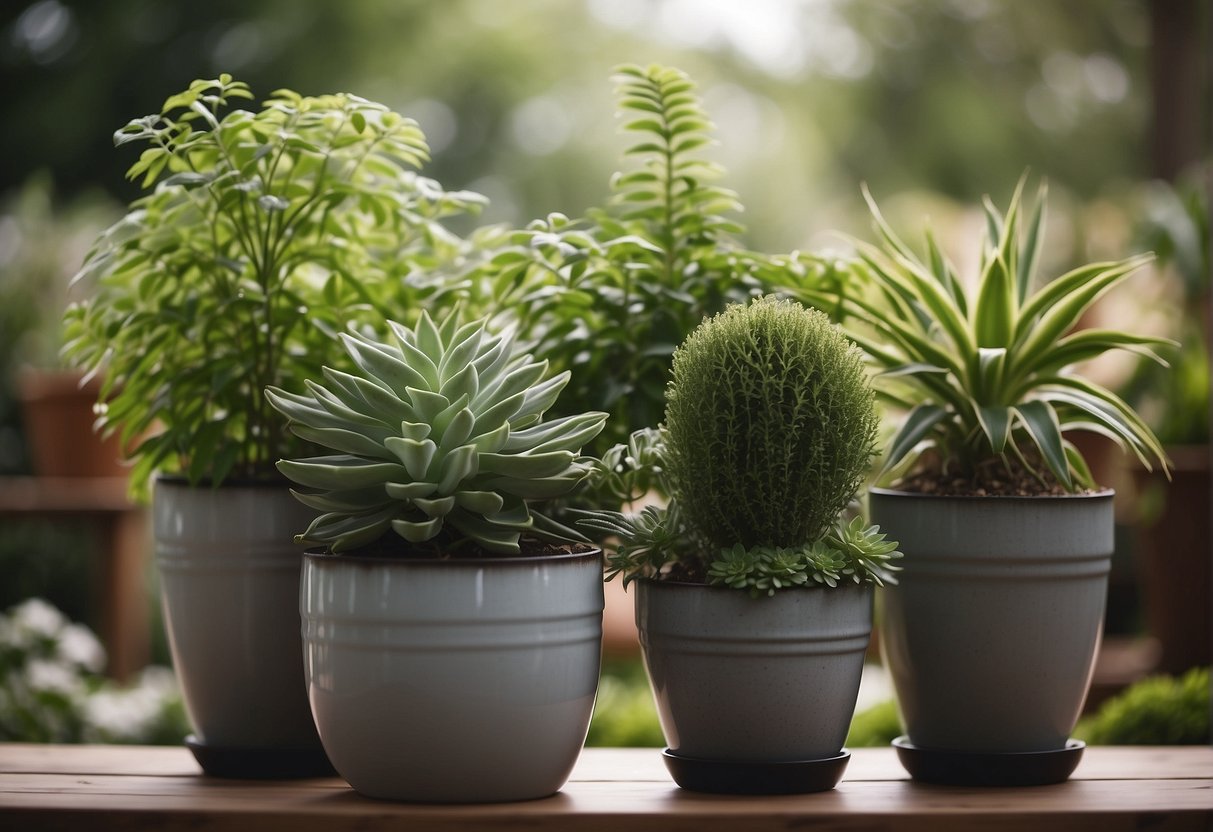 A trio of potted plants arranged in a tiered container, with a thriller plant standing tall in the center, flanked by filler and spiller plants cascading down the sides