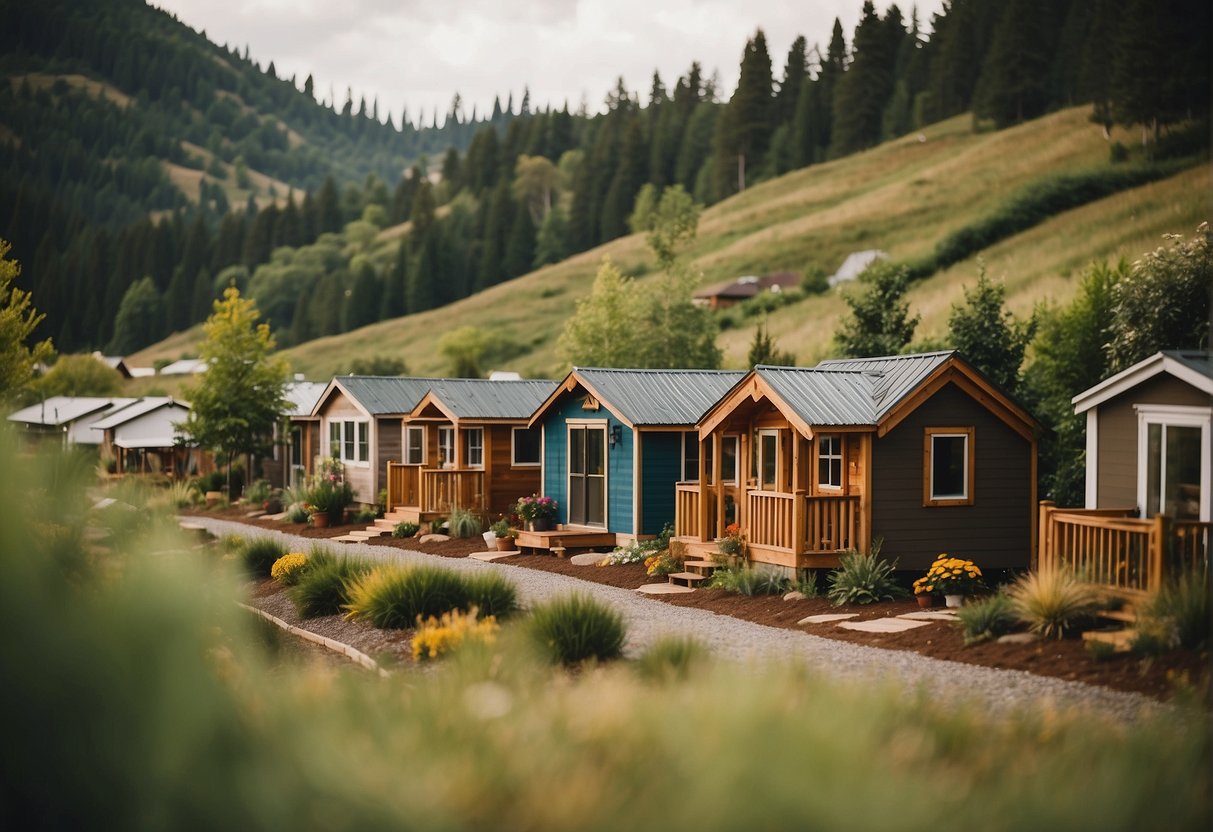 Tiny homes dot a picturesque landscape, nestled among lush greenery and rolling hills. A sense of community fills the air as residents gather in outdoor spaces and shared amenities