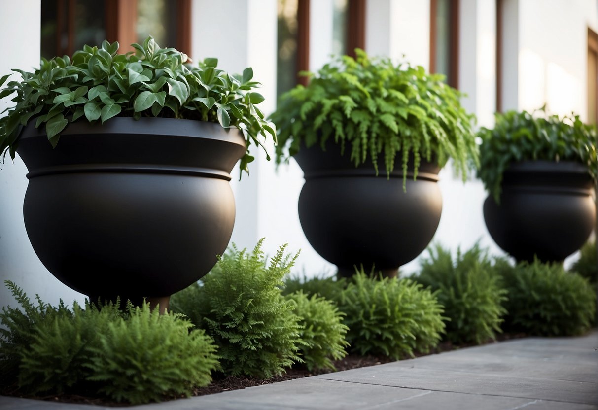 A trio of planters, one tall and dramatic, one full and lush, and one cascading with trailing vines, create a dynamic container garden display
