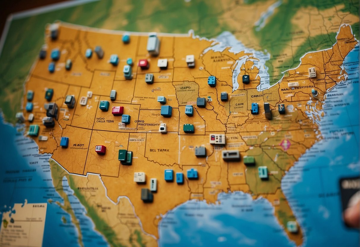 A map of the United States with various tiny home communities marked, surrounded by symbols representing state regulations and amenities