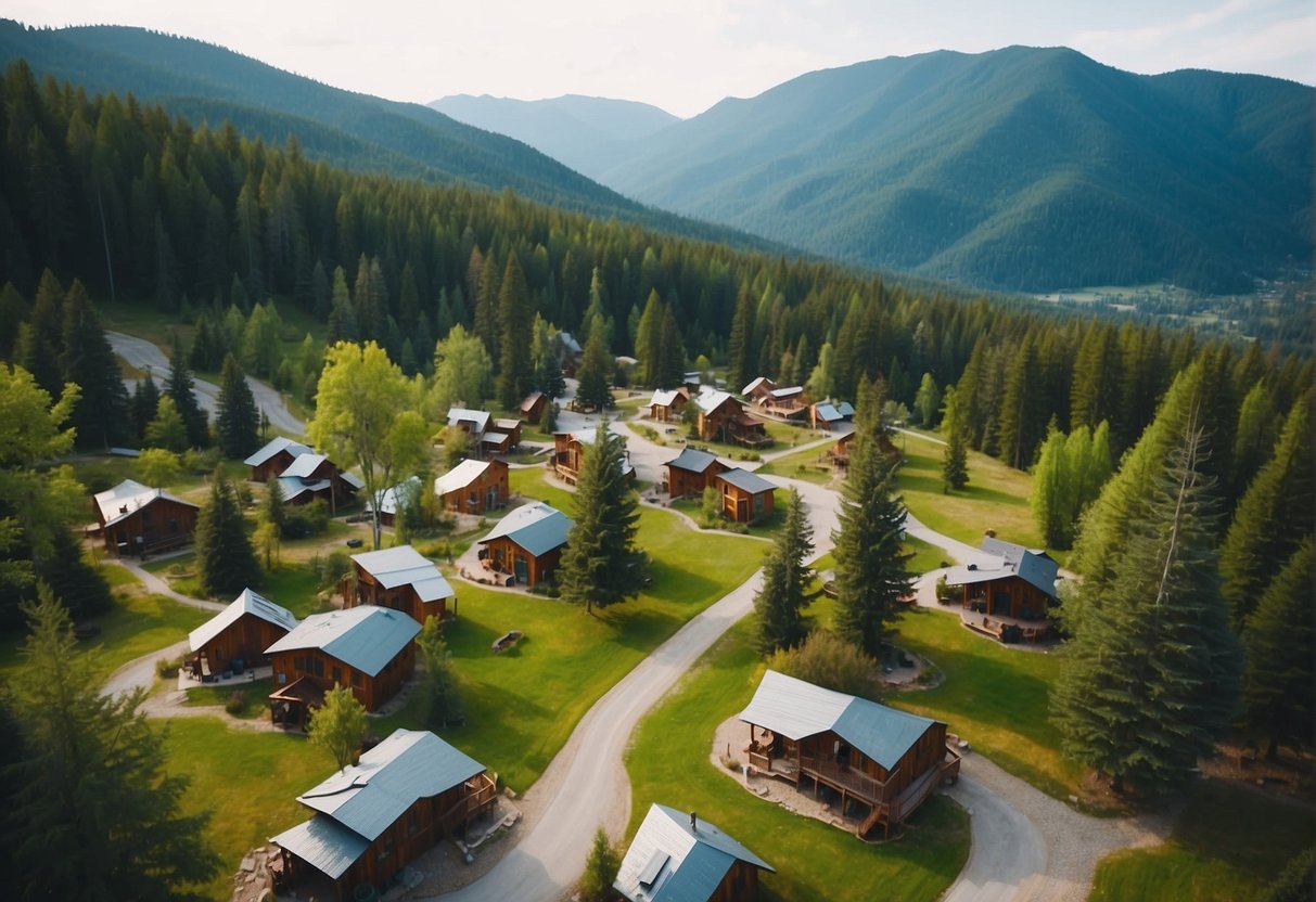 Aerial view of a scenic tiny home community nestled in the mountains with vibrant greenery and cozy cabins