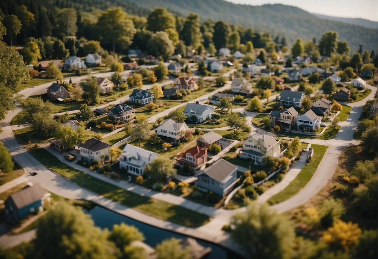 A map of the United States with various tiny home communities highlighted, surrounded by lush greenery and quaint houses