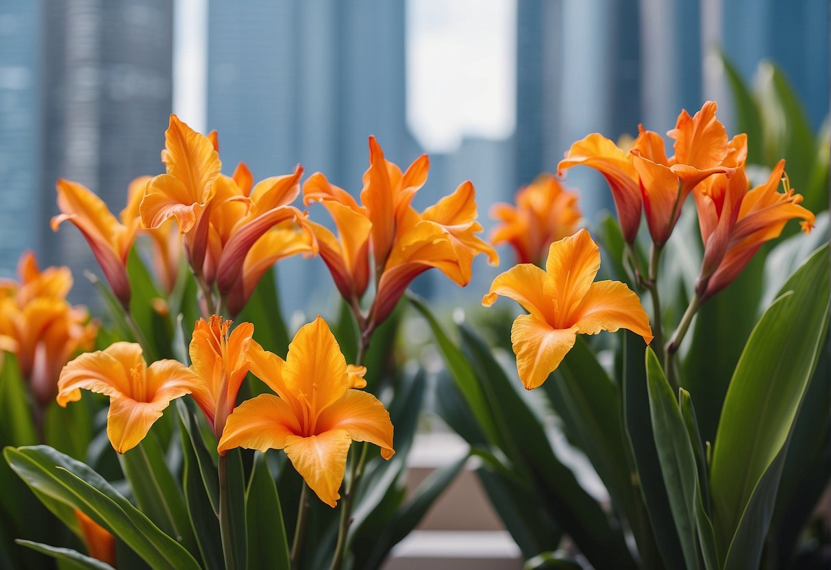 These beautiful Cannas will bloom in a balcony garden, their colorful foliage swaying in the breeze against a backdrop of city buildings