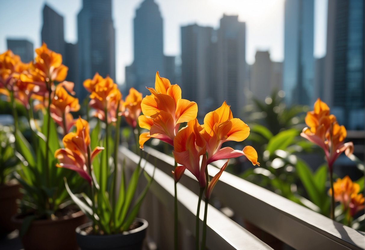 A balcony garden with Tropicanna® Cannas in full bloom, set against a backdrop of city skyline or lush greenery
