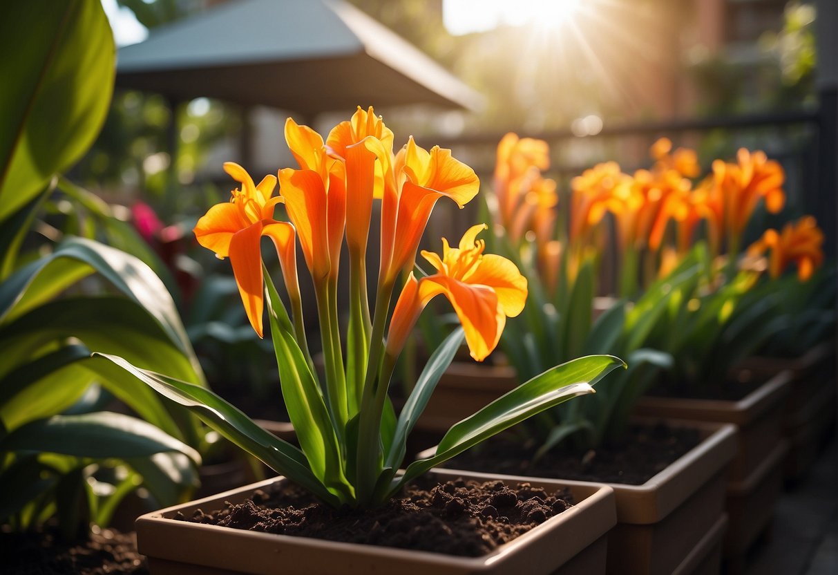 Bright sunlight illuminates the vibrant Tropicanna® Cannas on a balcony garden, surrounded by rich, fertile soil and nutrient-rich compost