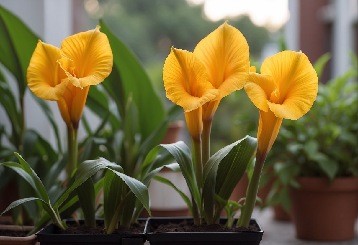 Lush Tropicanna® Cannas in balcony garden. Yellowing leaves, wilting stems, and pest damage evident. Potting soil appears dry