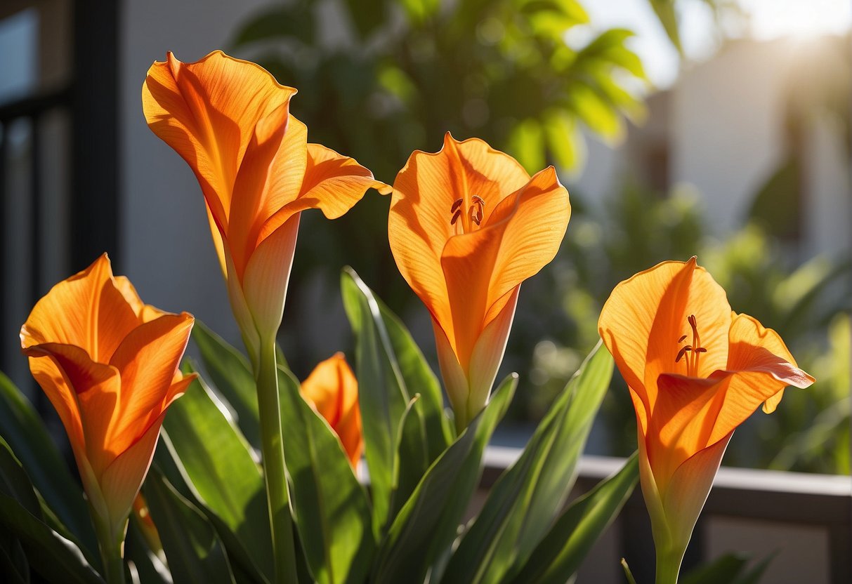 Vibrant Tropicanna® Cannas bloom on a balcony garden, surrounded by lush foliage and basking in the warm sunlight