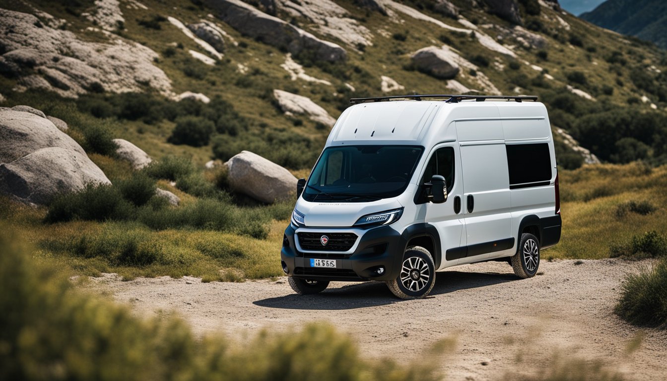 A Fiat Ducato parked on rugged terrain, showcasing its off-road wheels. Surrounding landscape features rocky paths and challenging obstacles