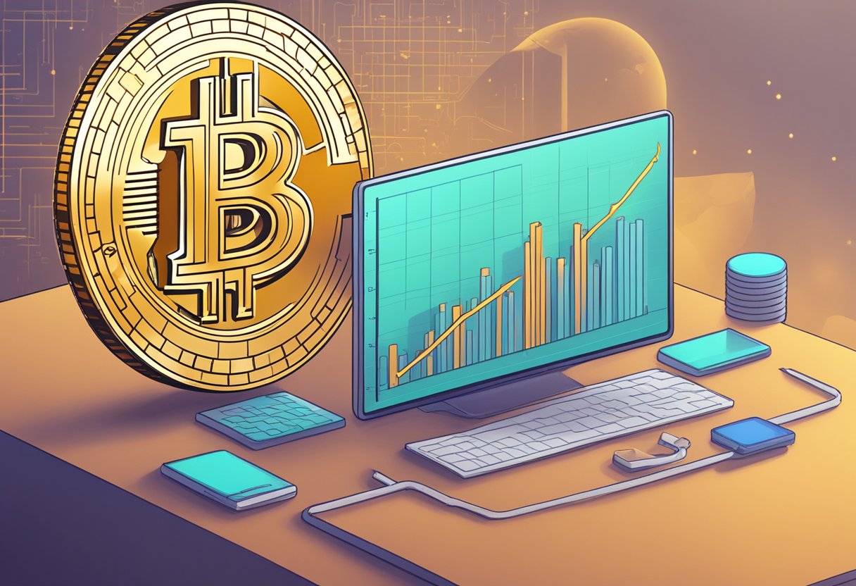 A bitcoin halving event with a countdown clock, a block reward chart, and a graph showing the reduction in supply