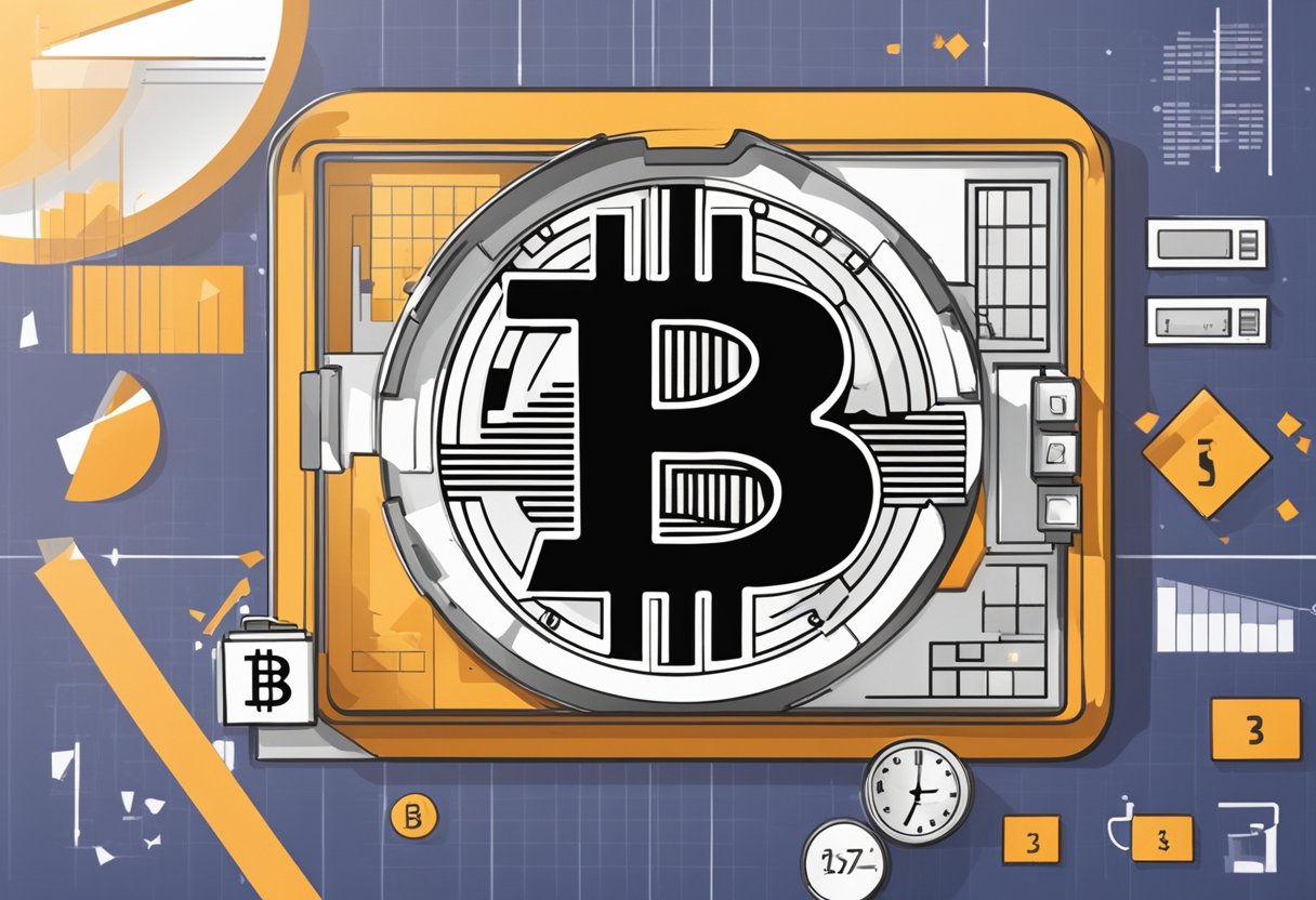 The scene depicts a digital clock counting down to the 2024 Bitcoin halving event, with the Bitcoin logo and a graph showing the upcoming event details