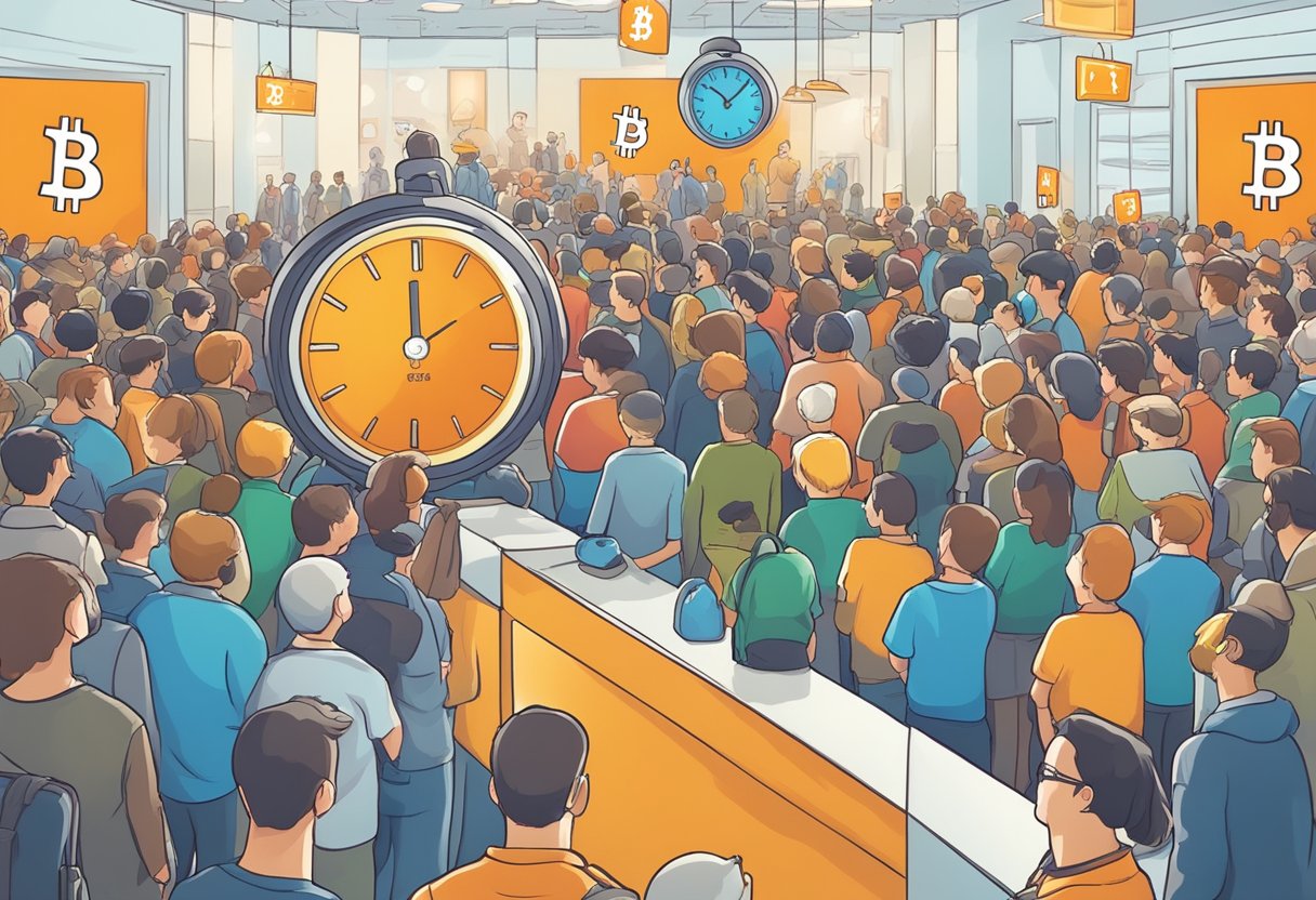 A digital clock counting down to the Bitcoin halving event, surrounded by a crowd of curious onlookers and buzzing with anticipation