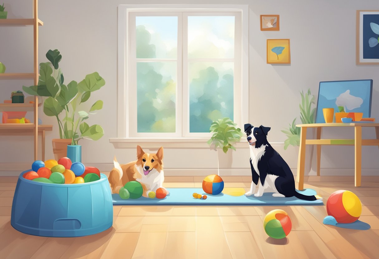 A happy dog and cat playing in a clean, spacious environment with toys and healthy food and water bowls