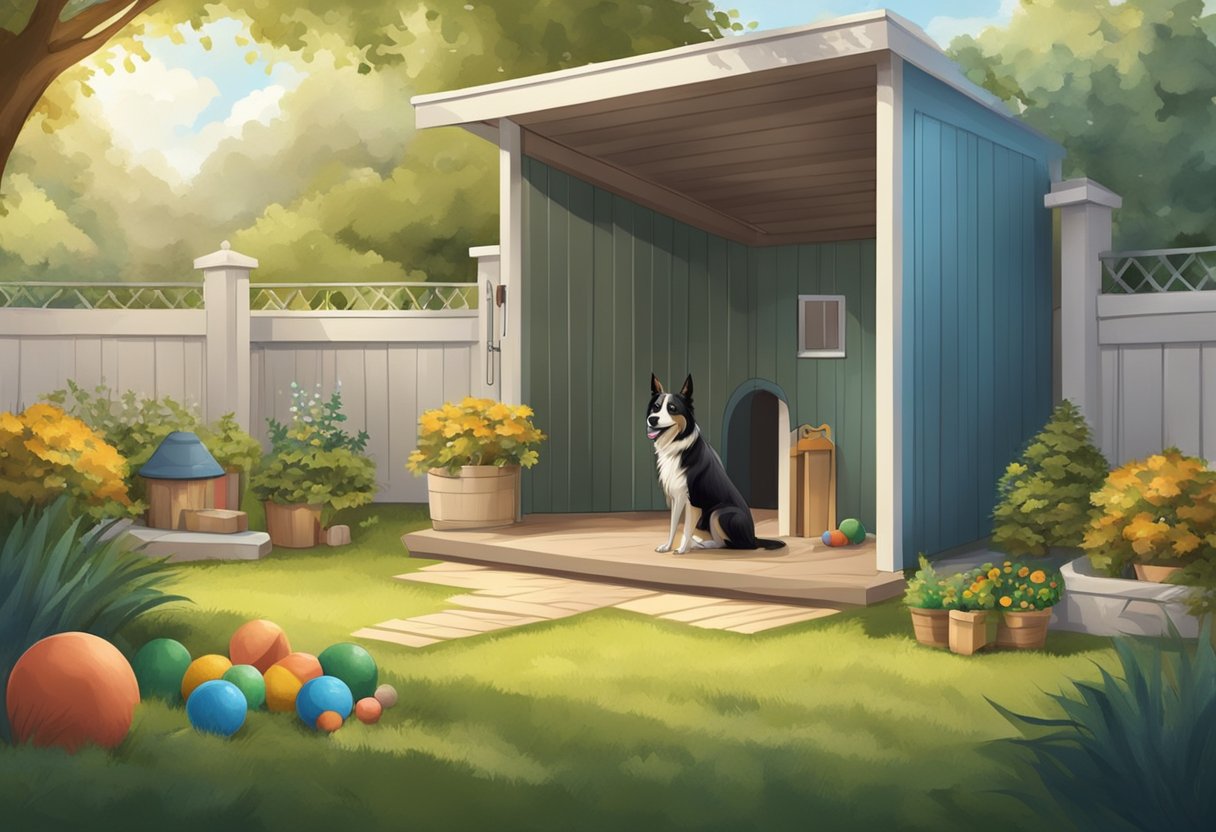 A happy dog playing in a spacious, well-maintained backyard with toys and a comfortable shelter
