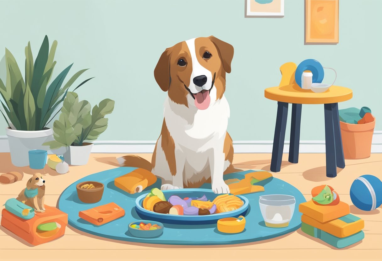 A happy dog eating a balanced meal, surrounded by toys and a cozy bed, with a bowl of fresh water nearby