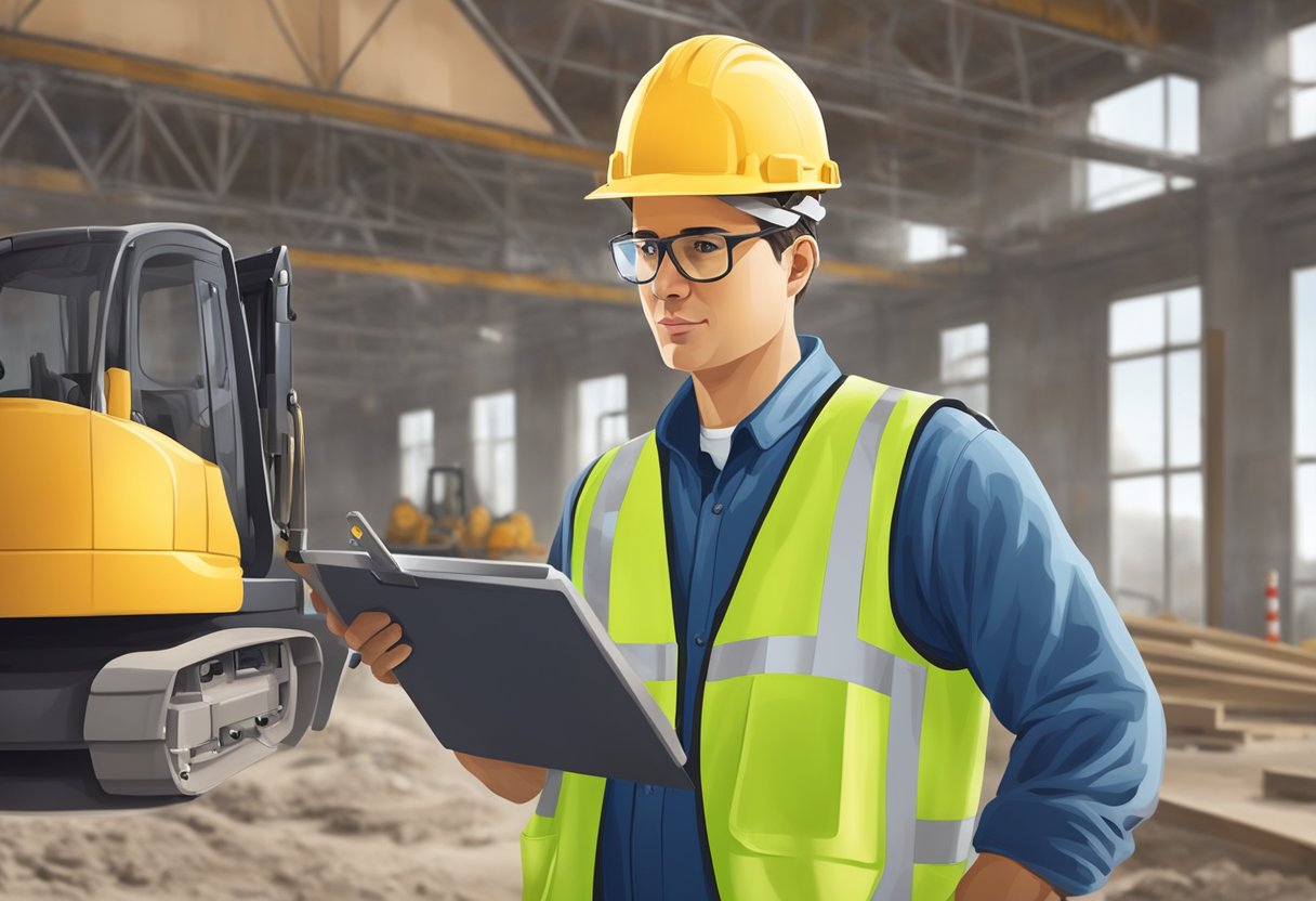 A worker in Ontario, Canada conducts thorough safety checks at a construction site, inspecting equipment and ensuring compliance with health and safety regulations