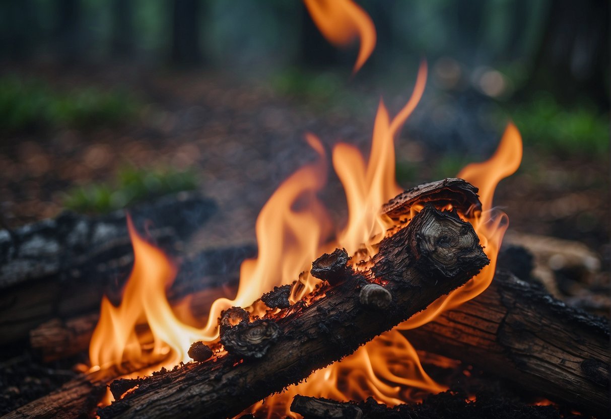 A fungus-covered wood burns in a crackling fire