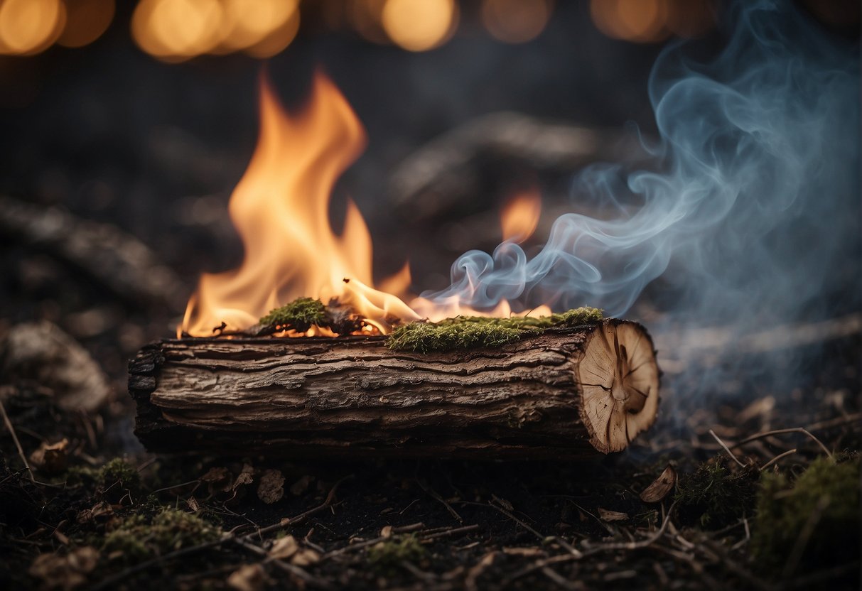 A piece of wood with visible fungus is placed in a fire, with flames and smoke rising from it